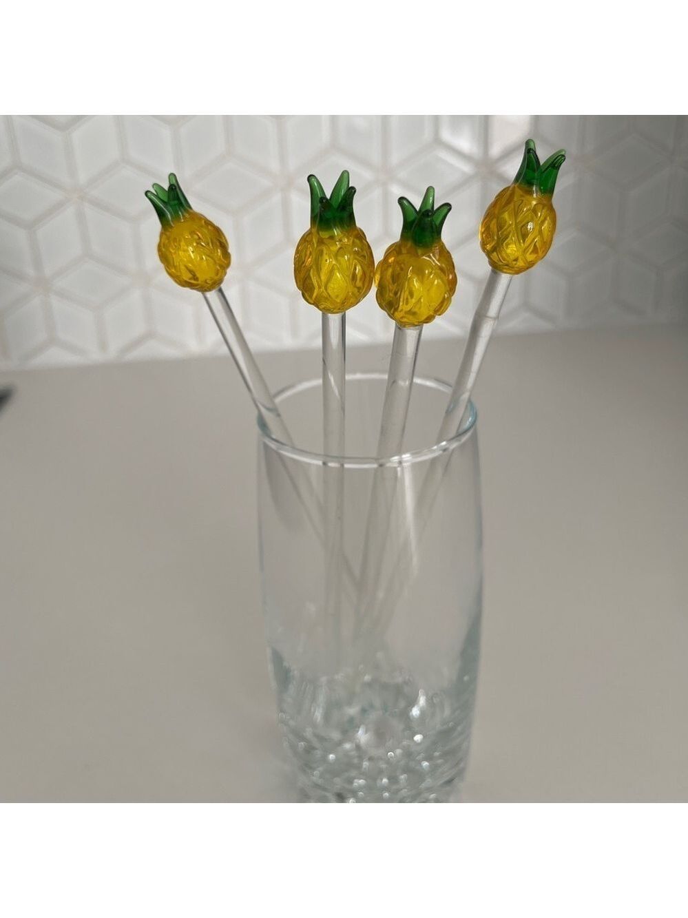 CRATE & BARREL Set of 4 Glass Pineapple Swizzle Sticks Cocktails Barware Tiki - Picture 5 of 12